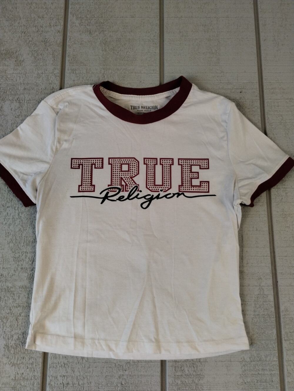 True Religion Crystal Ringer Baby Tee Womens M White Y2K Preppy Streetwear Retro